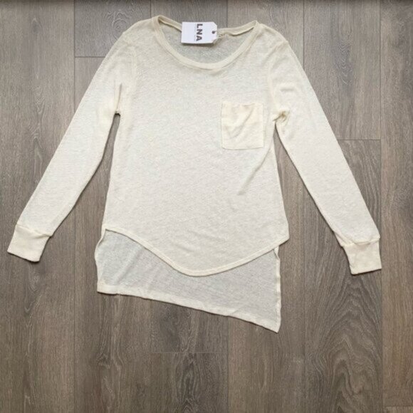 REVOLVE LNA Women's Long Sleeve Torn Pocket Tee Top Linen Blend Ivory Small - Picture 2 of 13